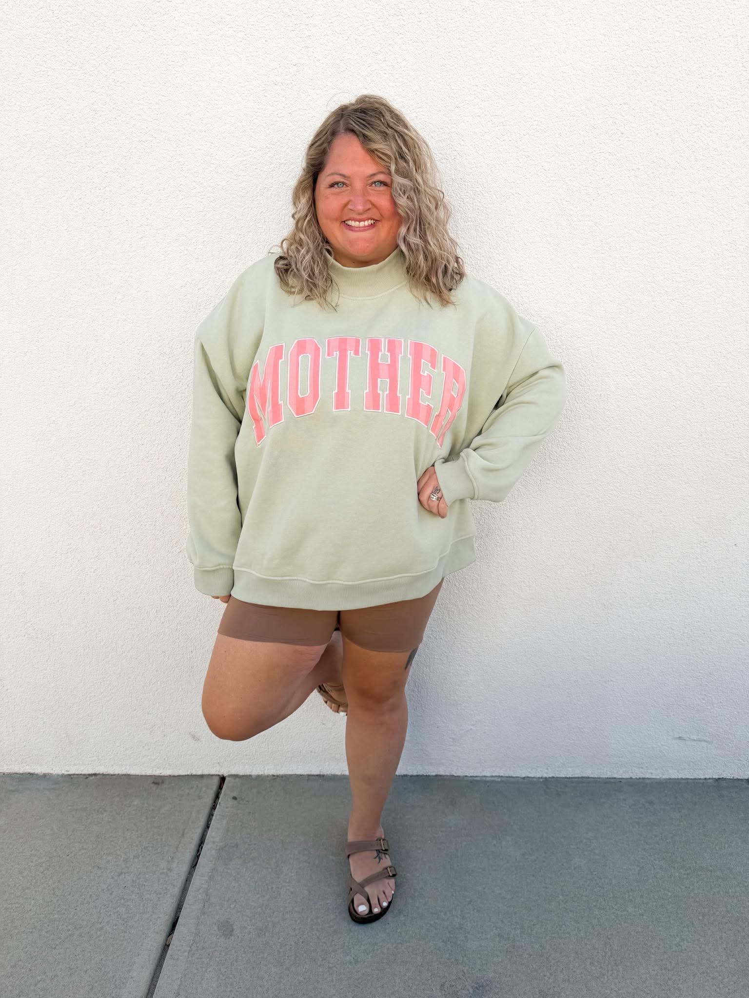 Mother Sage Green w/ Pink stripes Mockneck Sweater